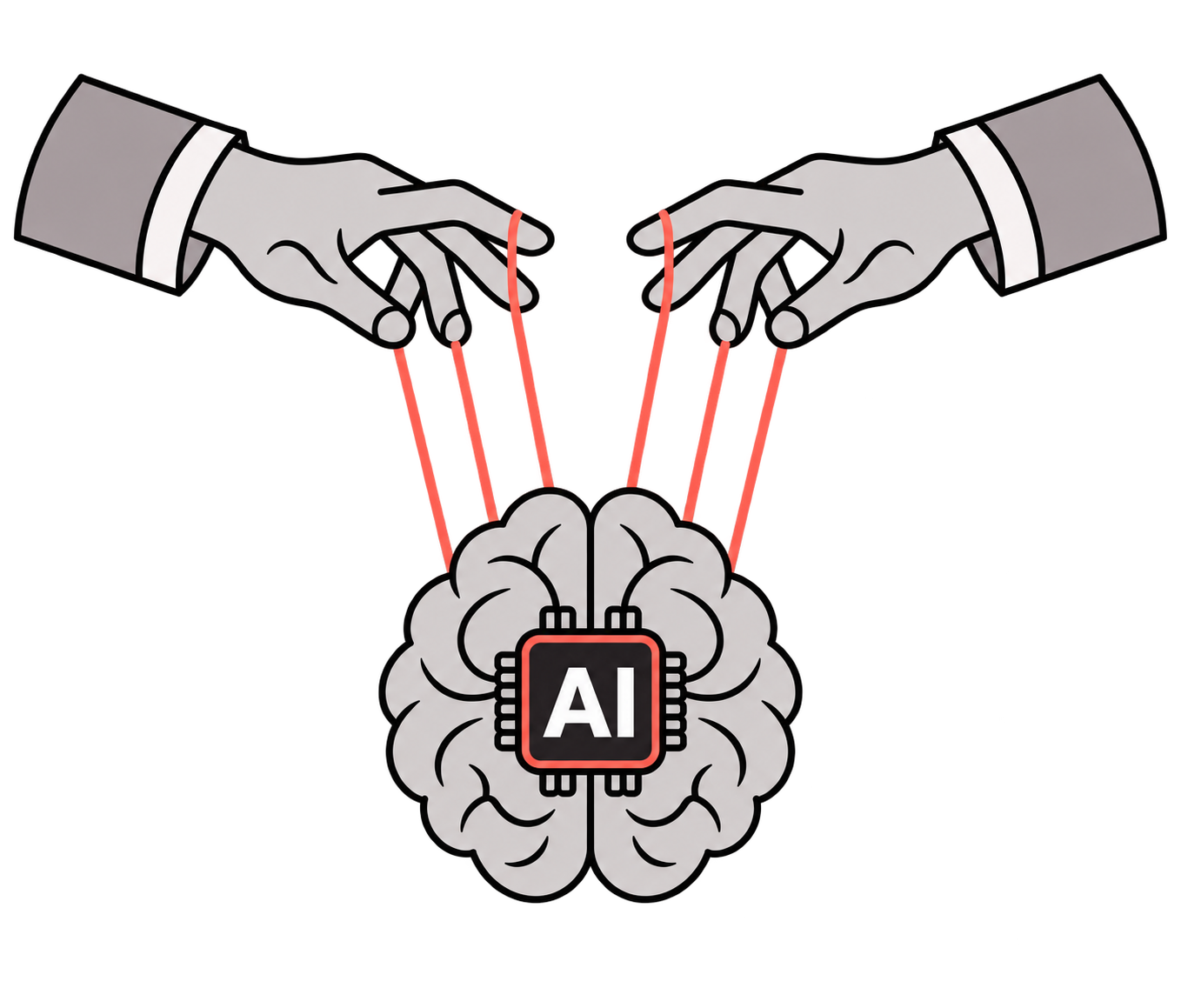 Hands pulling puppet strings attached to an AI brain, illustrating AI manipulation.