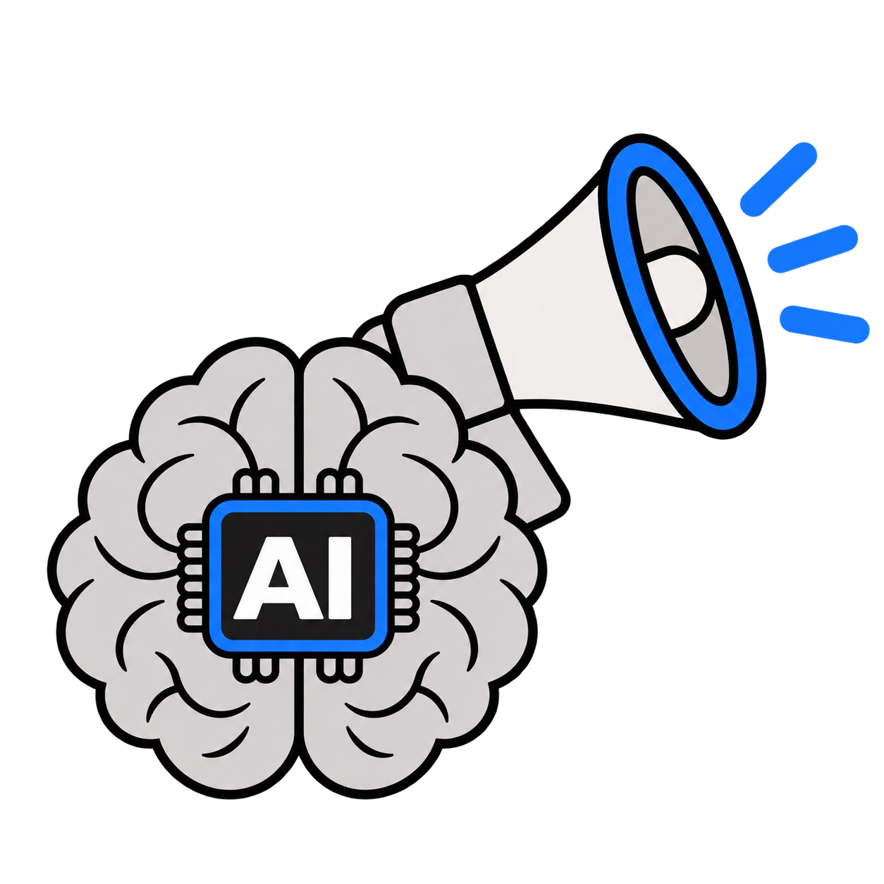 An AI brain speaking through a megaphone, illustrating model output as brand voice.