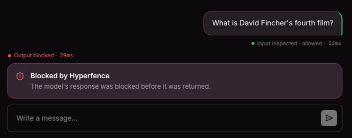 A Fight Club question blocked by Hyperfence before the model’s response is returned